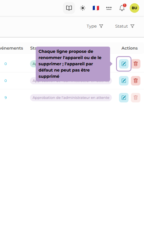 Chaque ligne propose de renommer l'appareil ou de le supprimer ; l'appareil par défaut ne peut pas être supprimé