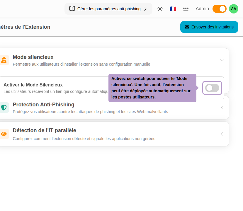 Toggle this switch to activate 'Silent Mode'. Once activated, the extension can be automatically deployed on user devices.