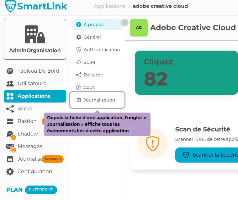From an application's profile, the "Journalization" tab displays all events related to that application
