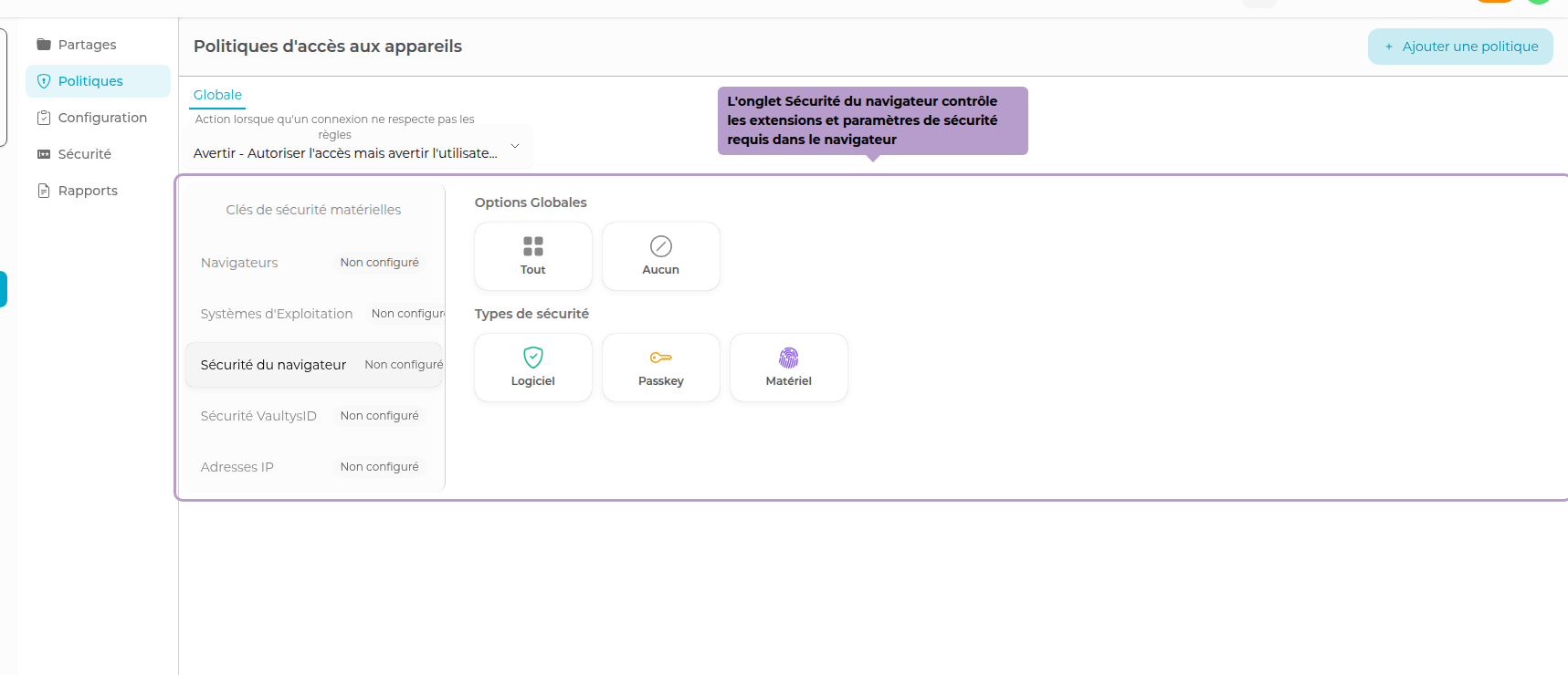 The Browser Security tab controls browser extensions and required security settings