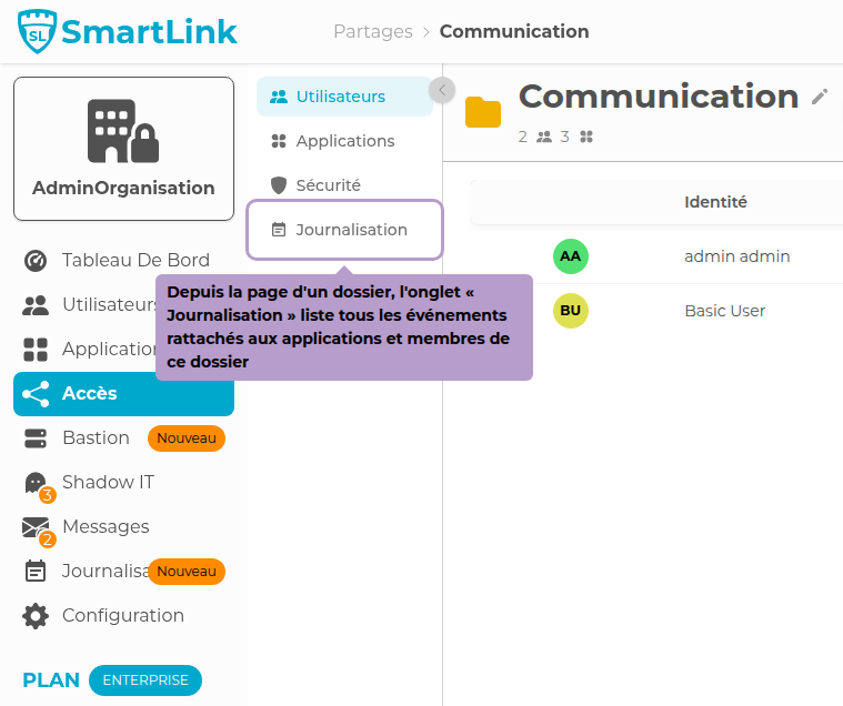 From a folder's page, the "Journalization" tab lists all events related to the applications and members of that folder