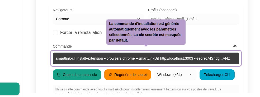 The installation command is automatically generated with the selected parameters. The secret key is hidden by default.