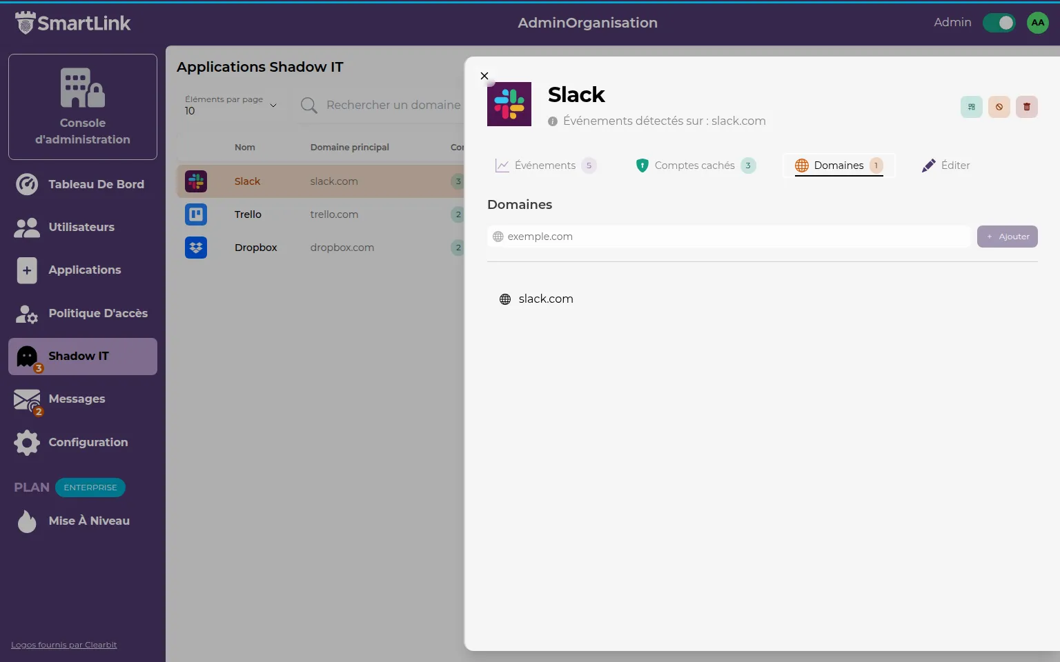 Contenu de l'onglet des domaines