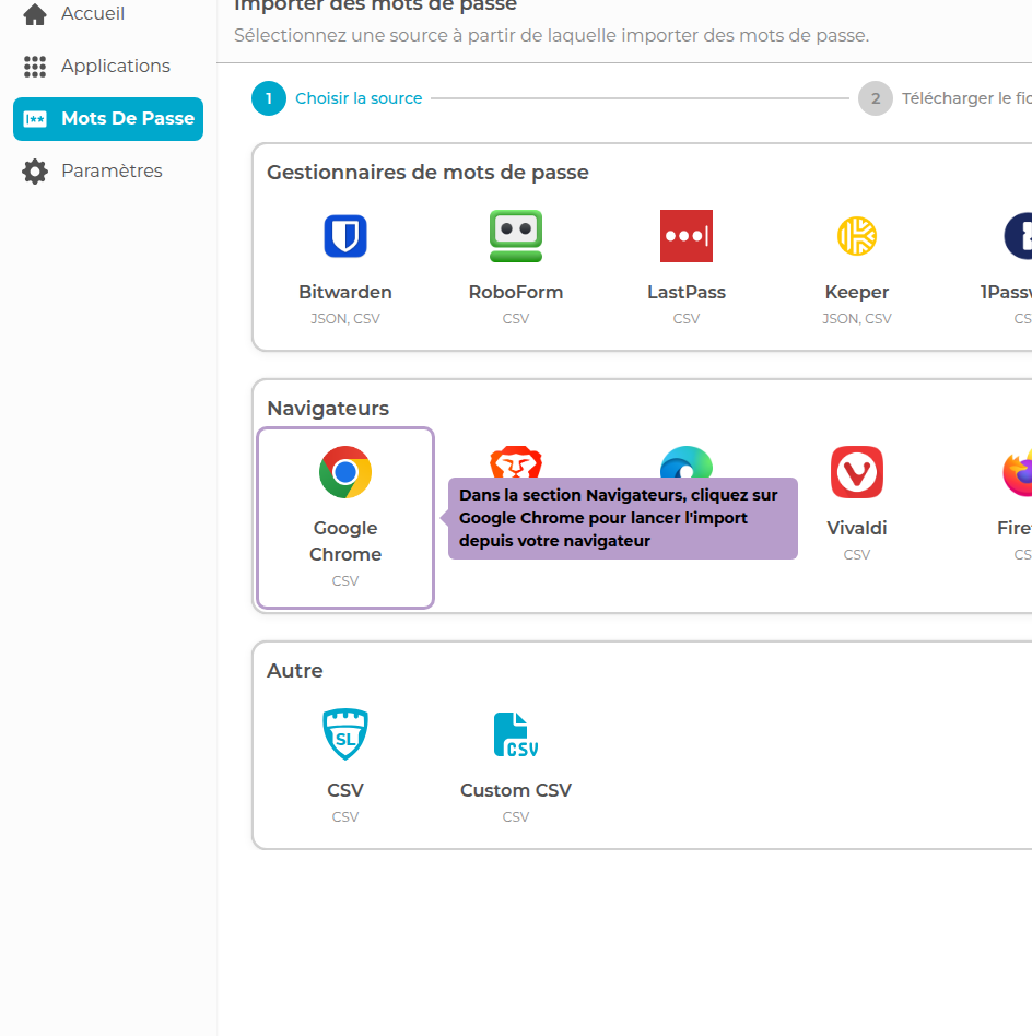 在浏览器部分，单击Google Chrome以从浏览器中导入