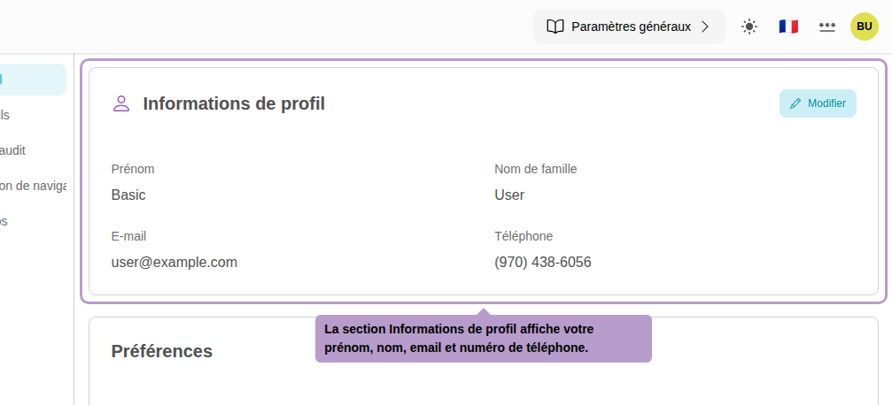 The Profile Information section displays your first name, last name, email, and phone number.