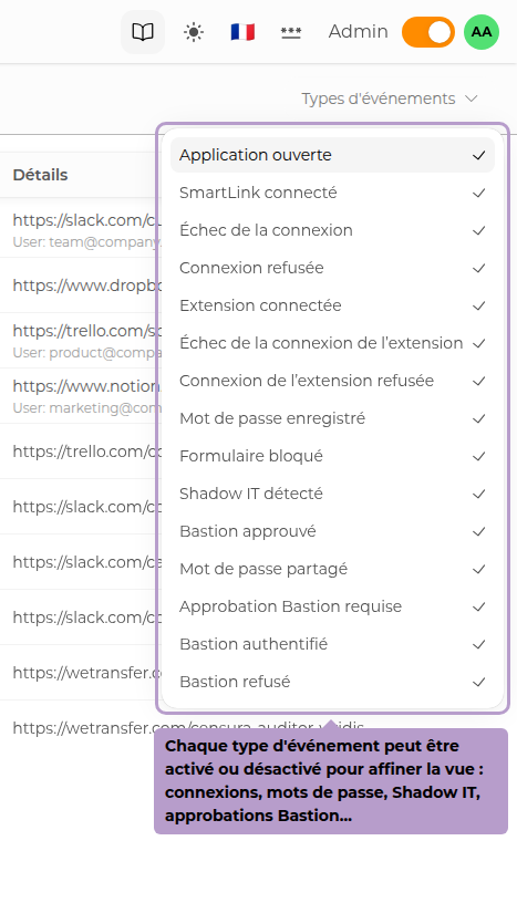 每种事件类型可启用或禁用以精确查看:登录、密码、Shadow IT、Bastion批准等