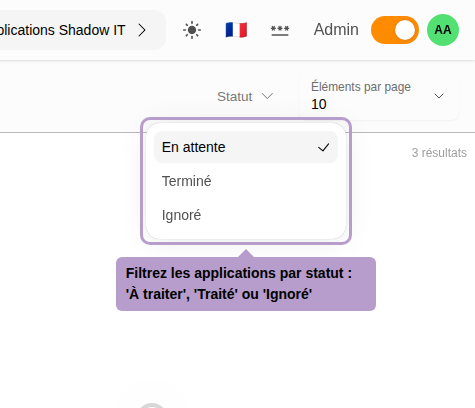 按状态筛选应用程序：'待处理'，'已处理'或'已忽略'