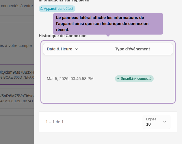 侧边栏显示设备信息以及最近的连接历史。