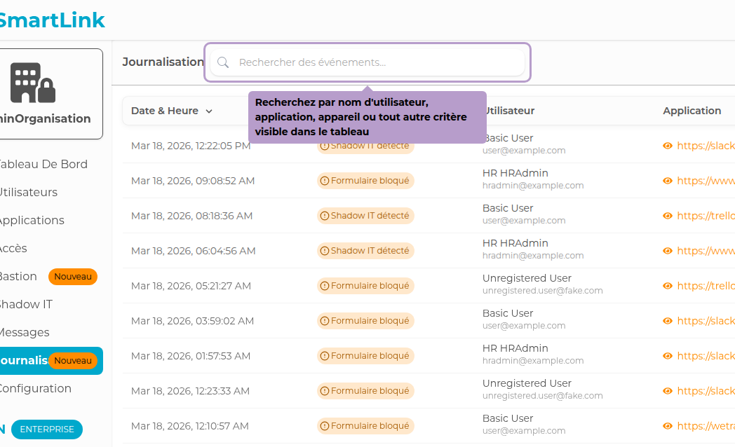 按用户名、应用程序、设备或表格中可见的任何标准搜索
