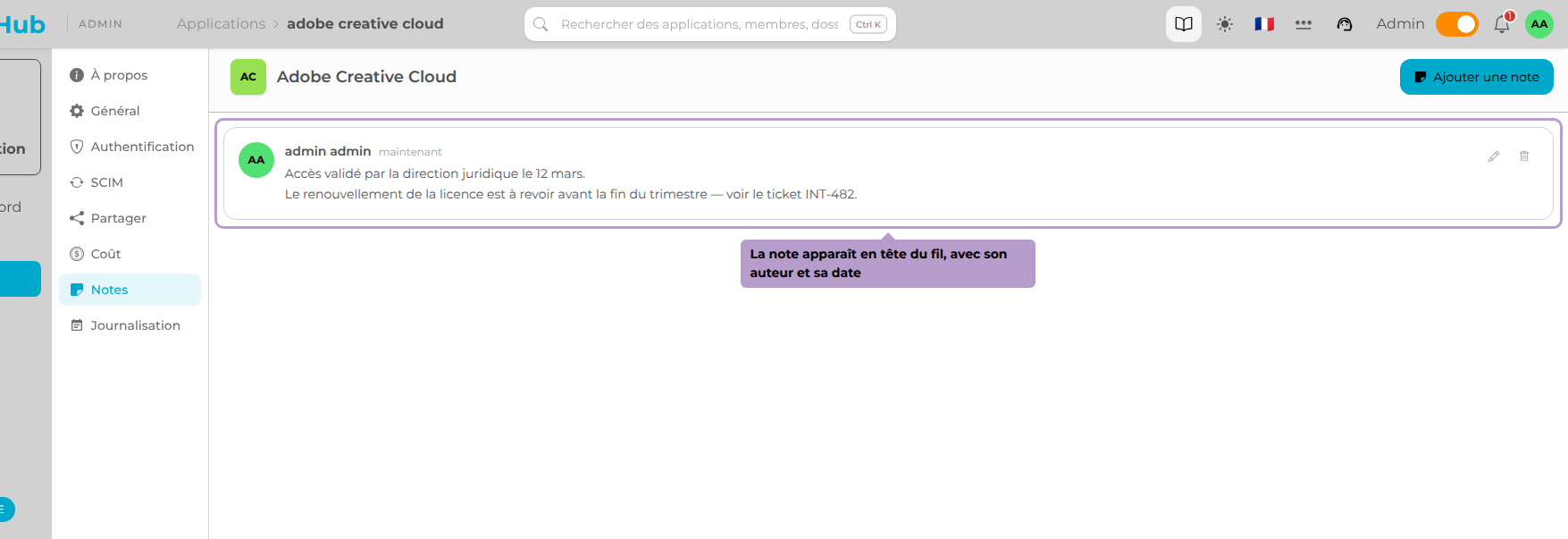 La note apparaît en tête du fil, avec son auteur et sa date