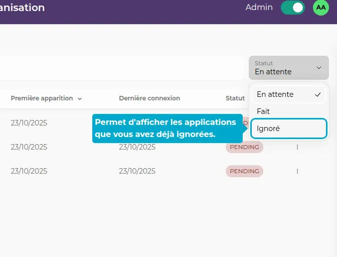 Filtre des applications ignorées